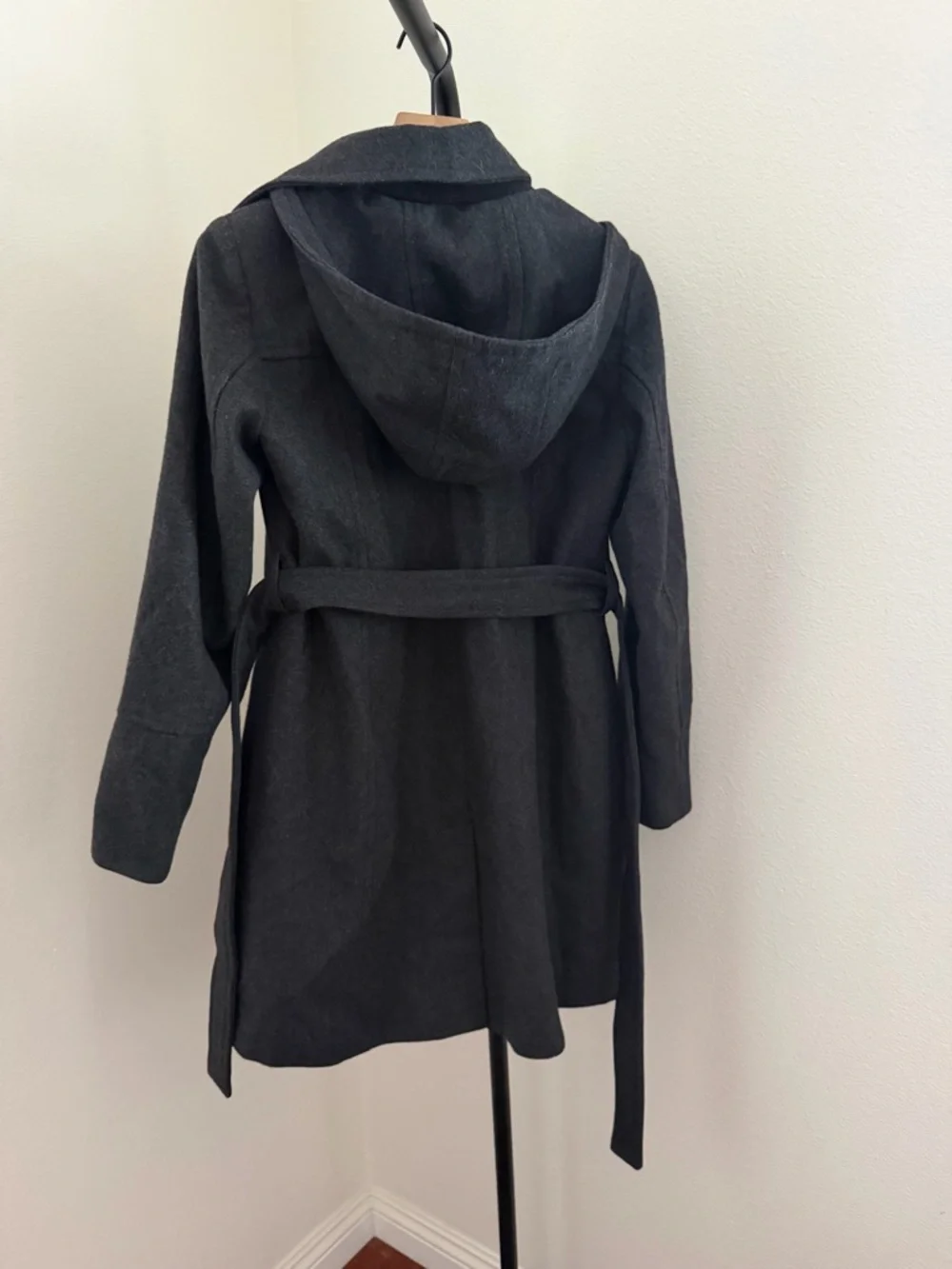 Womens Charcoal Hooded Belted Wool-Blend Coat - Picture 6 of 6